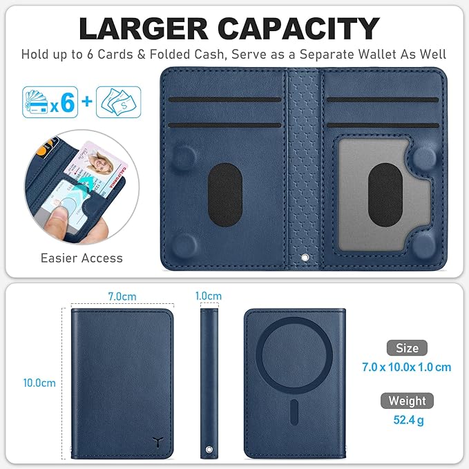 TUCCH for Magsafe Card Holder with Clear ID Window, Fit 6 Cards, RFID Blocking PU Leather Men Women Magnetic Phone Wallet for iPhone 17/16/15/14/13/12/Plus/Air/Pro/Pro Max Series, Blue