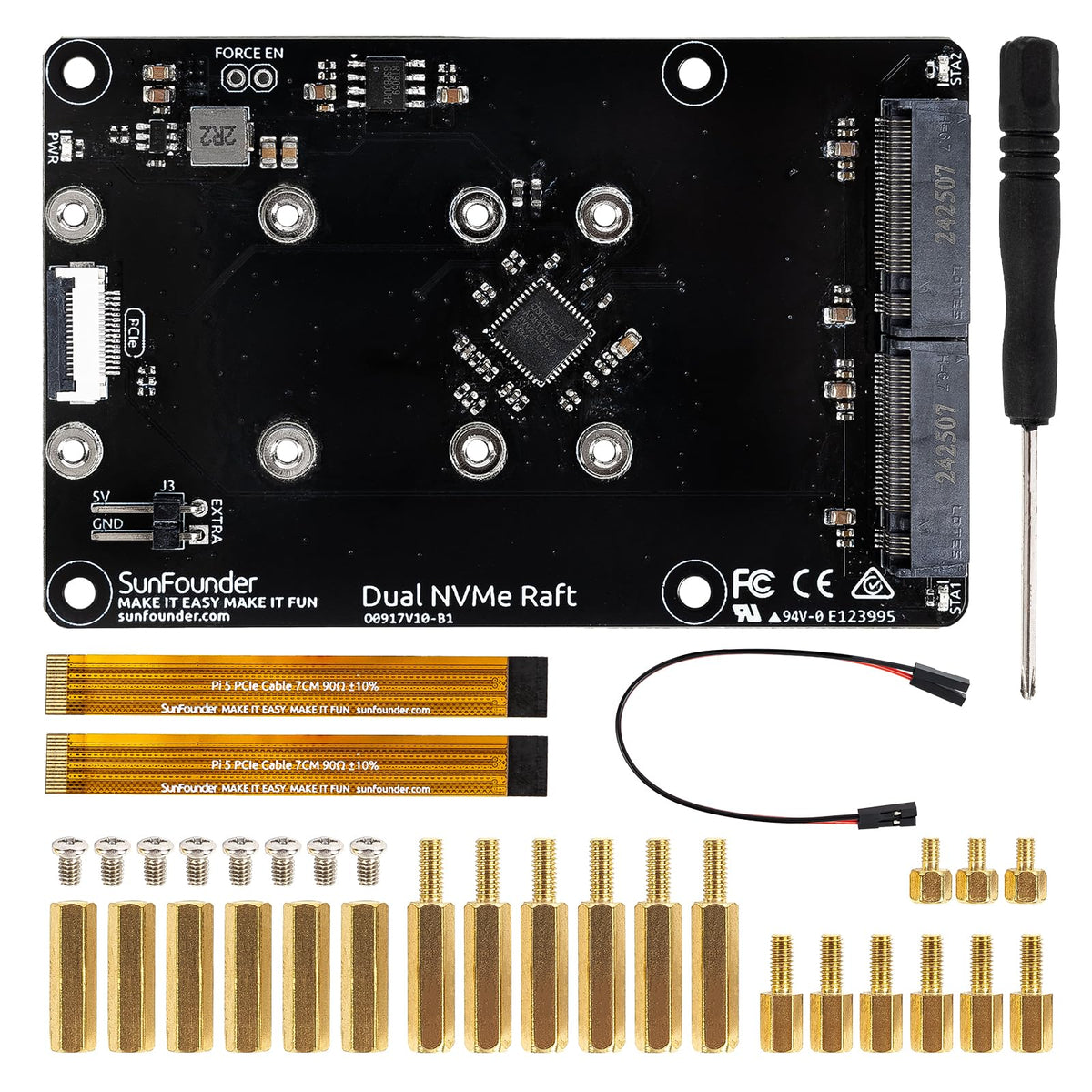 SunFounder Dual NVMe Raft for Raspberry Pi 5 PCIe Gen 2.0 to M.2 HAT Key-M SSD Hailo-8L AI Accelerator PIP M.2 2230/2242/2260/2280, NAS RAID 0/1, Manual (Not Compatible with the Pironman Series)