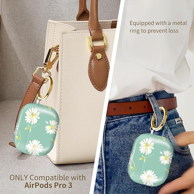 AirPod Pro 3 (2025) Case Cover for Women, Cute Shockproof TPU Protective Case with Gold Round Buckle, Anti-Drop Design Green Daisy
