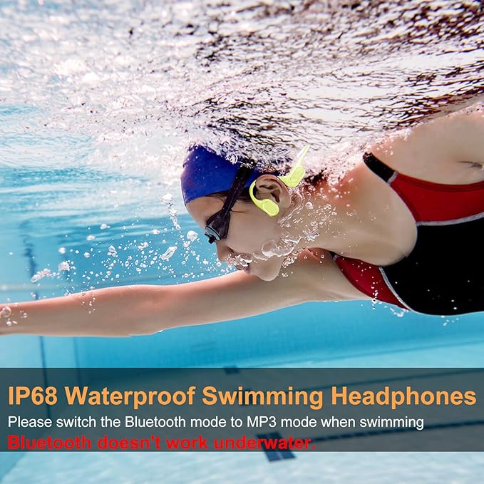 IP68 Waterproof Swimming Headphones, Bone Conduction Liquid Silicone Bluetooth Headphones, Built-in 32GB MP3 Player, Soft and Lightweight Open-Ear Design, Ideal for Swimming/Marathons/Cycling(Neon)