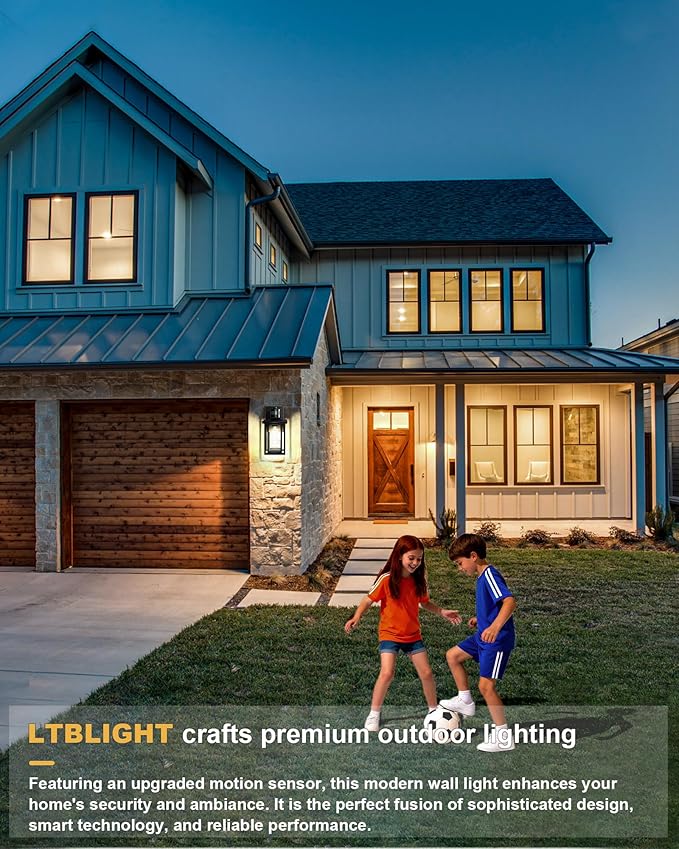 2-Pack Motion Sensor Outdoor Lights, Modern Black Dusk to Dawn Porch Light Lanterns with 4 Modes, Waterproof Exterior Lighting for House, Patio, Garage, Front Door, 120V