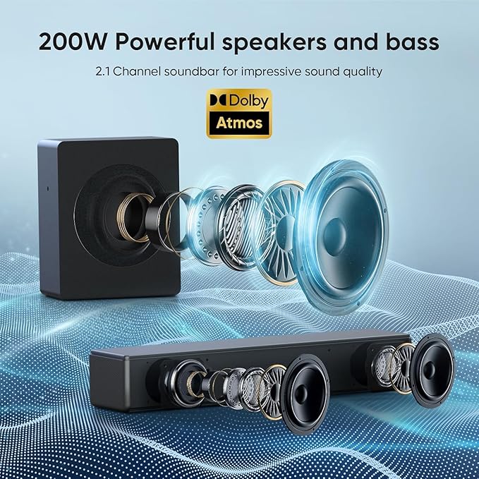 Sound bar with subwoofer, 200W 2.1 ch soundbar w/Dolby Atmos Surround Sound System, 3D Bass Adjustable Home Theater Bluetooth TV Speaker for Smart TV/Projector/PC