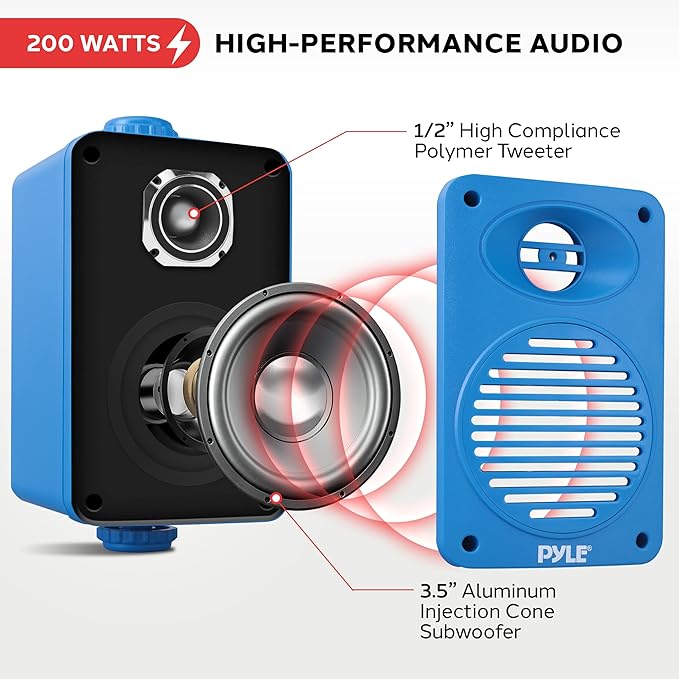 Pyle Wireless Bluetooth Speaker System, 3.5" 2-Way Indoor Outdoor Waterproof Speakers with Polymer Tweeter, Heavy Duty ABS, Quick Connect Terminals, Perfect for Deck, Patio, Poolside, Boats (Blue)