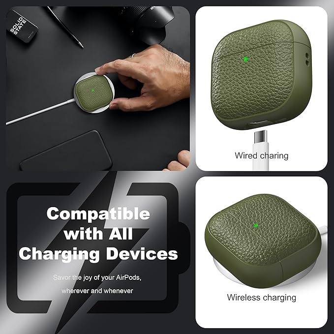 R-fun for Airpods 4 Case, Soft TPU (Leather-Like Design) Drop Protection Cover for Men and Women with Lanyard and Cleaner Kit, Compatible with Apple Latest Airpods 4th Gen(USB-C)(2024)-Army Green