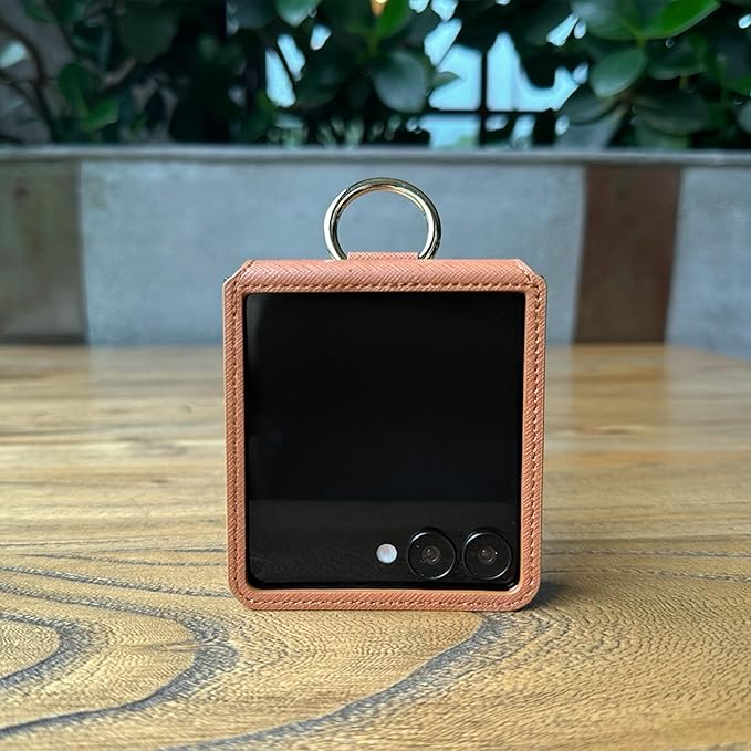 [BeYourSanta] Galaxy Z Flip 7 Case with Ring - Avant-Garde Handmade Saffiano Vegan Leather Case, Anti-Scratch Hinge Protection, Made in Korea (1 Pocket, Saddle Brown)