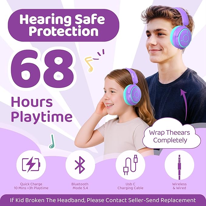 MIDOLA Kids Headphones Bluetooth 5.4 Wireless Volume Limited 85/94dB Hearing Protection Over Ear,68 Hours Playtime Foldable with Cable Aux Wired Built-in Mic for Toddler Child Travel School Purple