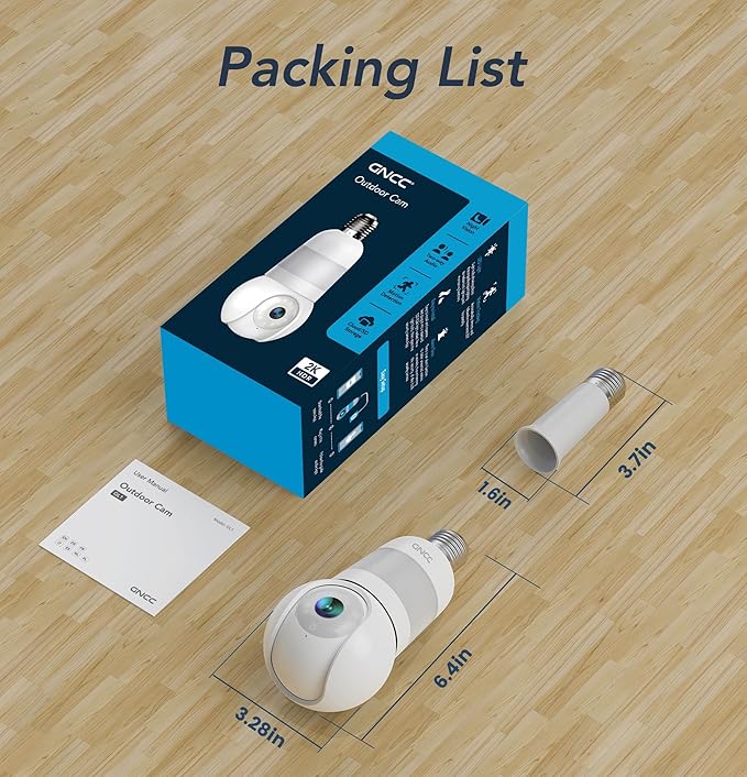GNCC 2K Light Bulb Security Camera, 2.4GHz Only, 355° Wireless Outdoor Camera, Full-Color Night Vision, Motion Detection, Easy Install, Local & Cloud Storage Requires Subscription (1-Pack, White)