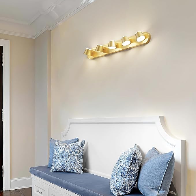 URSOLA Bathroom Lighting Fixtures Over Mirror, 5 Light Bathroom Vanity Light, LED Gold Wall Light Fixtures Up and Down Rotatable Dimmable 34 inch