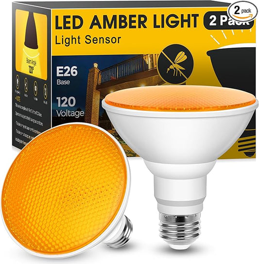 JandCase Bug Light Bulbs, Dusk to Dawn Bug Light Bulbs for Outside, 11W Yellow Bug Light Bulbs Outdoor, 100Watt Equivalent PAR30 Flood Light Bulbs for Porch Patio Courtyard, Non-Dimmable, 2 Pack