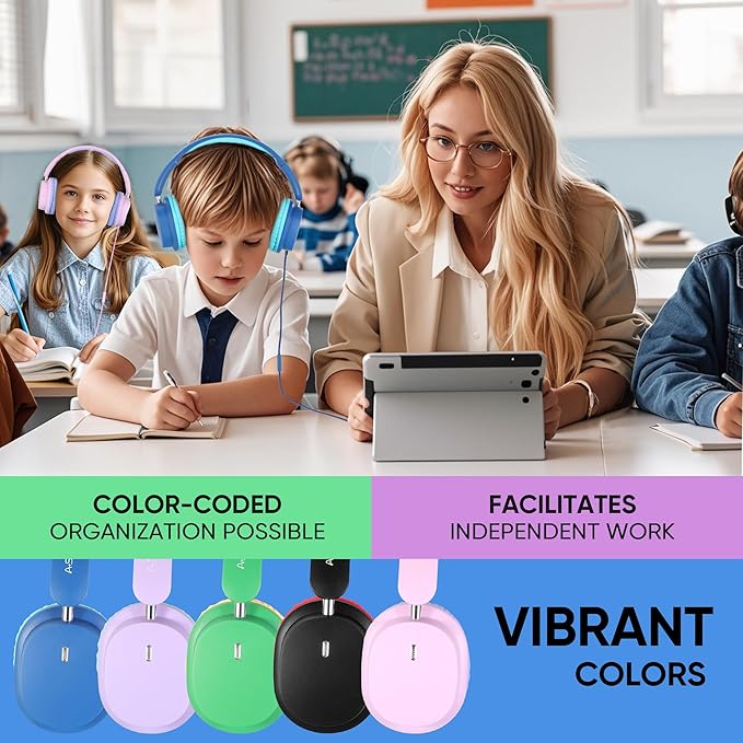Kids Headphones Bulk 5 Pack for School, HD Mic Stereo Sound Over-Ear Headphones for Classroom, Comfortable Fit, Foldable, 3.5mm Jack Wired Headphones for kids ipad Tablets Computer Travel, Colorful