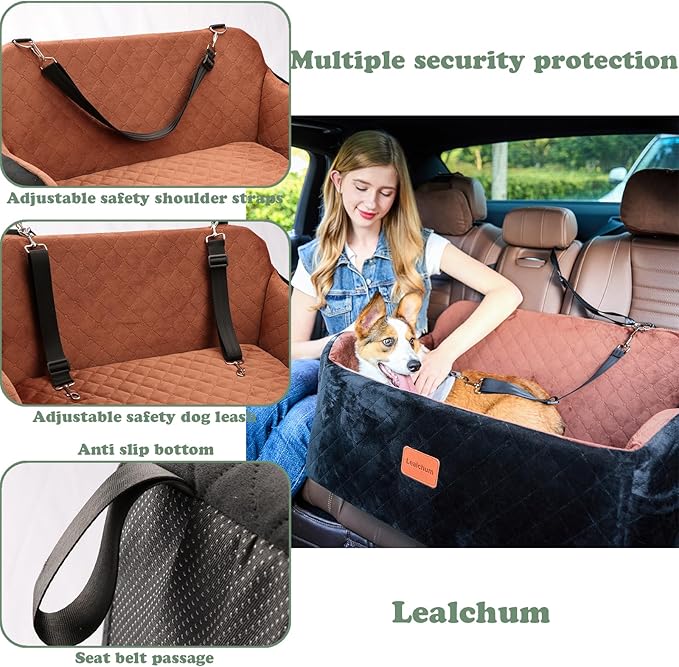 Dog Car Seat for Large Size Dog,Soft Fabric Car Dog Bed Filling Memory Foam,2 Clip-On Safety Leashs and 2 Pockets,Removable and Washable Comfy Pet Car Seat(Black/Brown, Large)