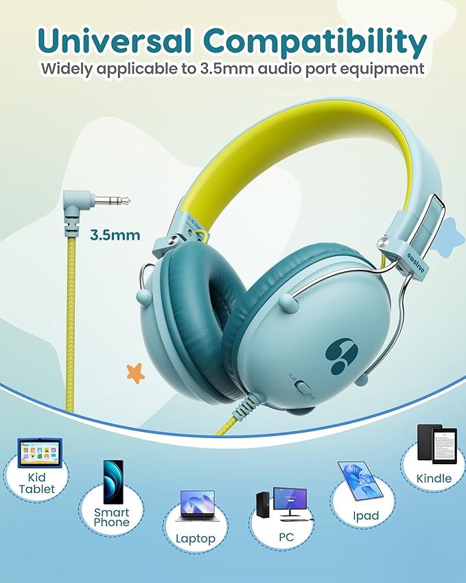 Kids Headphones, 74/85dB Safe Volume Limit, Stereo Sound, Wired On-Ear Headphones for Kids Boys Girls, 3.5mm Jack for Tablet, iPad, Kindle, YOTO Player, Airplane Travel, Green