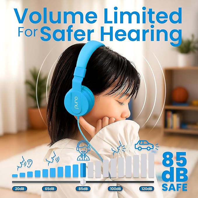Puro Sound Labs Kids Wired Headphones – Volume-Limiting & Adjustable, Safer & Comfortable Headphones for Kids – Compatible with PCs, Smartphones & Tablets, Ideal for School & Travel – PuroBasic, Blue