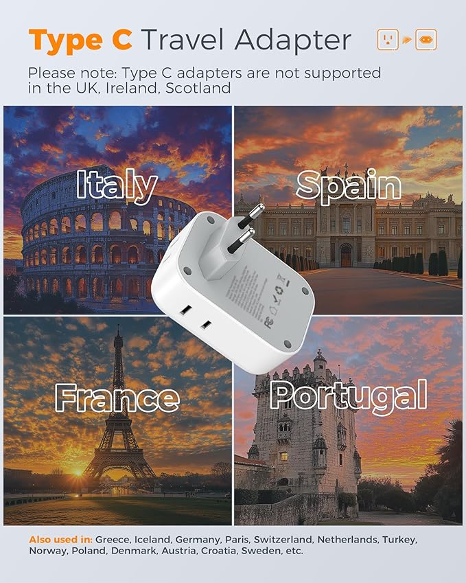3 Pack European Travel Plug Adapter, TESSAN Type C Charger Plug with 4 Outlets 3 USB (2 USB-C), US to Europe Plug Adapter for Italy, Spain, France, Portugal, Greece, Iceland, Travel Essentials