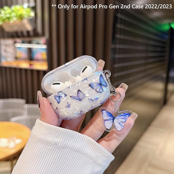 Cute Airpod Pro 2 Case (2022/2023) with Keychain White Marble Hard TPU Protective Cover Compatible with AirPods Pro 2nd Generation Case for Girls Women (Bluish-Purple Butterfly)