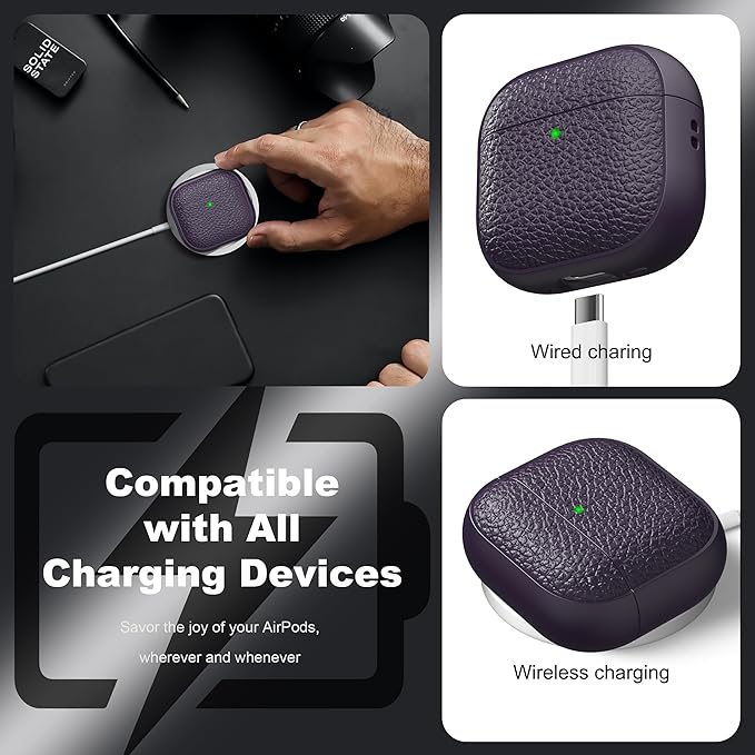 R-fun for Airpods 4 Case, Soft TPU (Leather-Like Design) Drop Protection Cover for Men and Women with Lanyard and Cleaner Kit, Compatible with Apple Latest Airpods 4th Gen(USB-C)(2024)-Purple