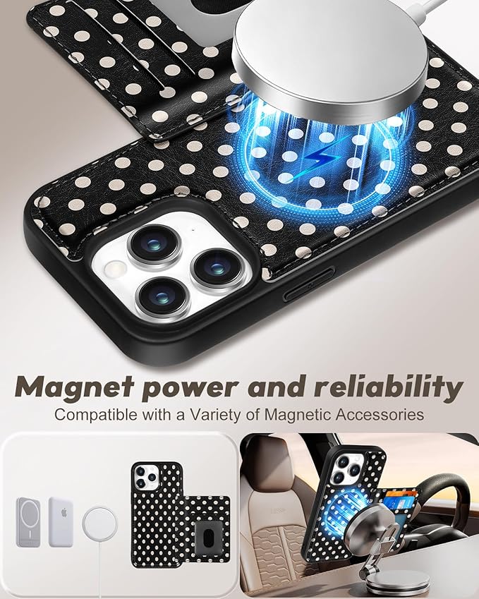 for iPhone 11 Pro Max Case with Wallet - Fits 4 Card Slots, Compatible with MagSafe for Women Aesthetic PU Leather Credit Card Holder Kickstand Phone Cover for Apple 11 Promax, Black Polka