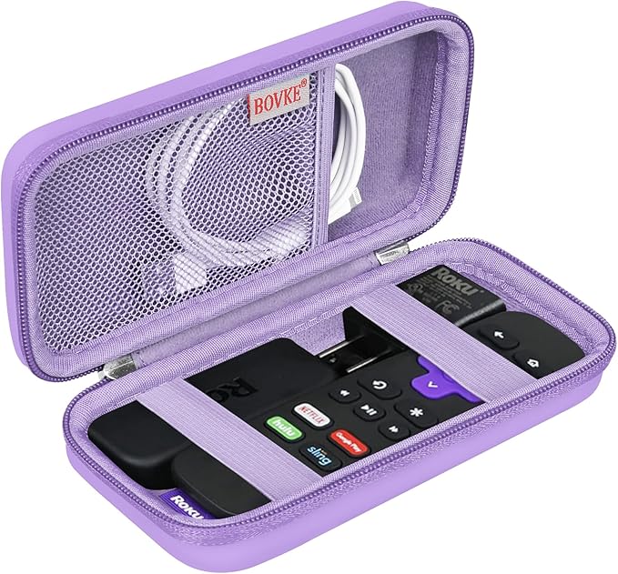 BOVKE Hard Case for Roku Voice Remote Controller, Streaming Stick+ / 4K, TV Remote Case for Steaming Stick 3820R/ 3821R/3941R, Extra Mesh Pocket for Adapters, Cables, Purple