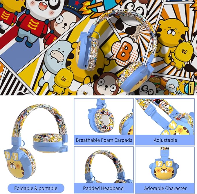 Kids Bluetooth Headphones, 85dB Volume Limit, Ultra-Soft Over-Ear, Built-in Mic, Foldable, Beerus Cartoon Animal Design, Suitable for School & Travel, FM/TF/AUX Supported