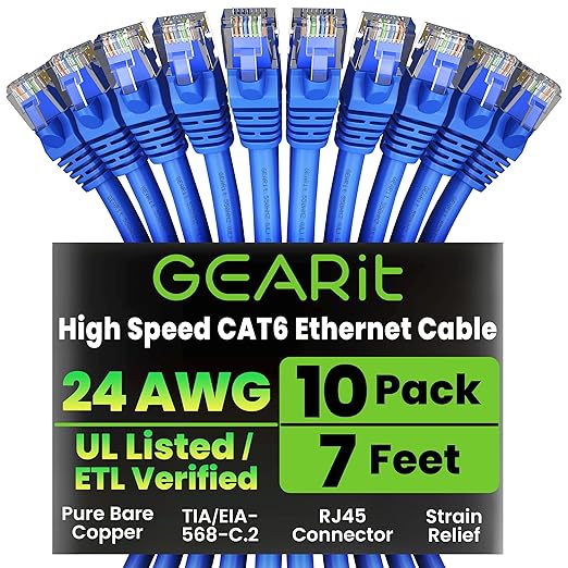 GEARit Cat 6 Ethernet Cable Pack - 10-Pack 7 ft Cat6 Ethernet Patch Cables | RJ45 Network Patch Cable, 10 Gbps Snagless Gold-Plated Connectors - Ethernet Cable Cat 6 for PC, TV, Router - Blue