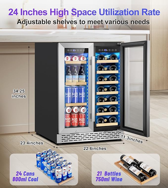 3 LED Wine and Beverage Refrigerator, 90 Can & 21 Bottle Dual Zone Stainless-Steel Wine Beverage Cooler, 24 Inch Built-In or Freestanding Wine and Drink Fridge Fast Cooling for Home/Kitchen