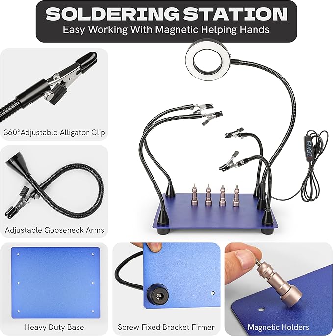 Helping Hands Soldering Station Kit with Magnifying Lamp, Fixed Arms, Brass Sponge Cleaner & Desoldering Wick, Third Hand Soldering Tool for PCB Repair, Electronics Assembly & Projects