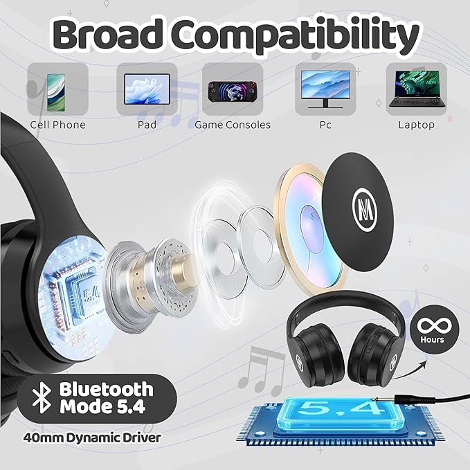 Headphones Kids Bluetooth 5.4 Wireless Play Time 68H Safe Volume Limit 85/94dB Over-Ear Foldable Headset,Fast Charging,with Aux Cord Built-in Mic for Toddler Child Pad Study Tablet Black