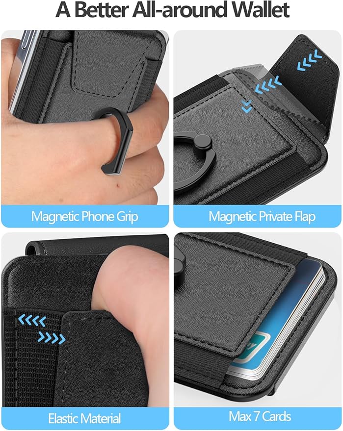 For Magsafe Wallet with Grip, 6-Card Holder, Stronger Magnetic Card Wallet Holder for iPhone 17/16/15, iPhone 14/13/12 Series, Leather Magnetic Phone Wallet with Privacy Flap, RFID Blocking, Black