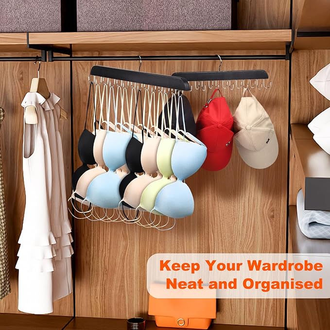 2 Pack Bra and Tank Top Closet Organizer Hangers, Foldable Wooden Space-Saving Hanger with 14 Hooks, Bra Hangers for Closet Organizer，Premium Closet Organizers and Storage for Dorm & Apartment (Black)