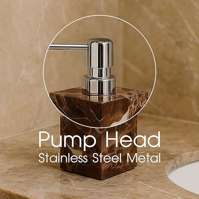 2 Pack Real Natural Marble Soap Dispenser with Stainless Steel Pump Decorative Liquid Hand Soap Bottle for Kitchen Bathroom, Compatible with Lotion, Dish Soap Shower Gel (Coffee 2 Set)