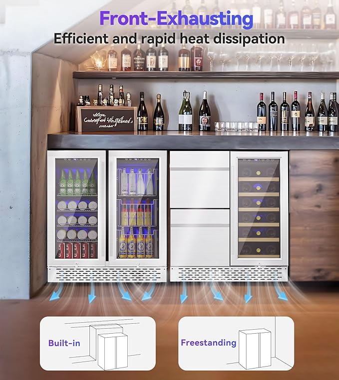 Dual Zone Beverage Refrigerator, 30'' Beverage Fridge with Detachable Basket, Intelligent Control Beverage Cooler with Glass Door Built-in or Freestanding with Blue LED Light, Hold 130 Can 60 Bottle