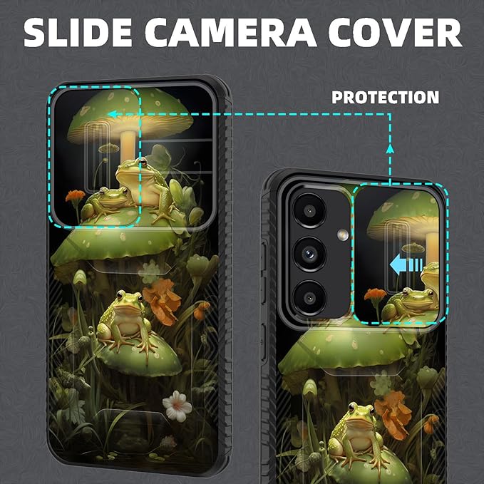 for Galaxy S24 Case Built in Slide Camera Lens Cover,Heavy Duty Shockproof Protection Dual Layer Case for Samsung Galaxy S24 6.2 inch 2024,Cute Frog Mushroom