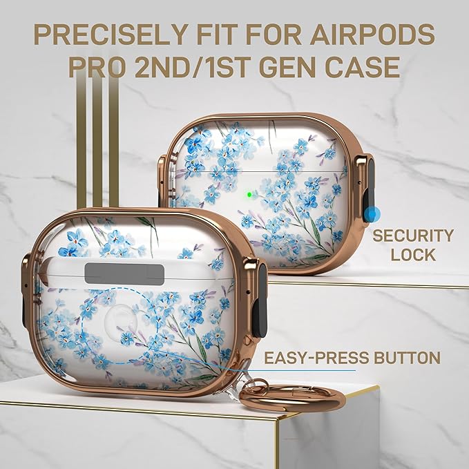 Maxjoy for AirPods Pro 2nd/1st Generation Case with Lock, Clear AirPods Pro 2 Case Lock Protective Flower AirPod Pro Cover for Women Men with Keychain for Airpod Pro (2023/2022/2019), Blue