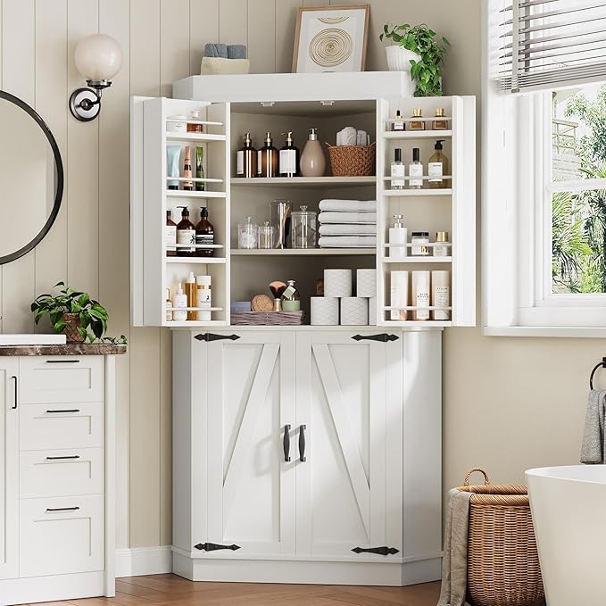 Corner Kitchen Pantry Storage Cabinet with Doors, Kitchen Hutch, 71'' Tall Food Storage Cabinet Furniture for Living Room, Dining Room (White)