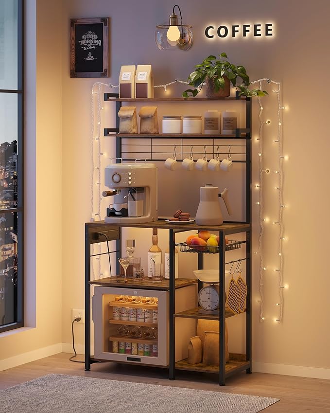 VASAGLE Bakers Rack with Power Outlet, 35.4 Inches Microwave Stand, Coffee Bar, 4 AC Outlets, with Adjustable Shelves, 8 S-Hooks, Basket, Spice Racks, Rustic Brown and Ink Black UKKS031K01