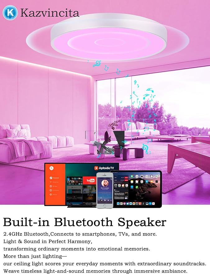WF-Version LED Ceiling Light with Speaker 40W 13Inch Control via app/Voice/Remote Adjustable Brightness & Color Temperature Ceiling Lamp RGB Ambient Lighting for Bedroom Kids Room and More