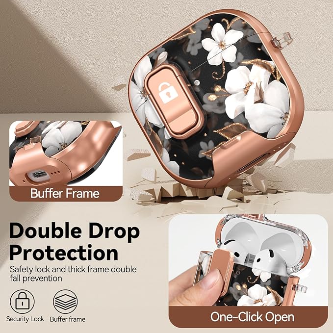 for AirPods 4 Case, with Safty Lock & Phone Stand for Floral AirPods 4th Generation Case Cover for Women Girly, iPod 4 Case with Keychain & Cleaner Kit - Black Gold Flower