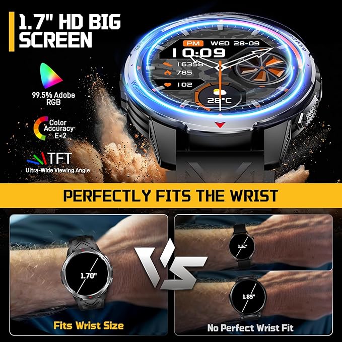 Military Smart Watch for Men with 1100 mAh Battery/LED Flashlight, 1.7" Rugged Tactical Smartwatch with Text and Call/Compass, 5ATM Waterproof Fitness Tracker with HR/Sleep Monitor for iPhone Android