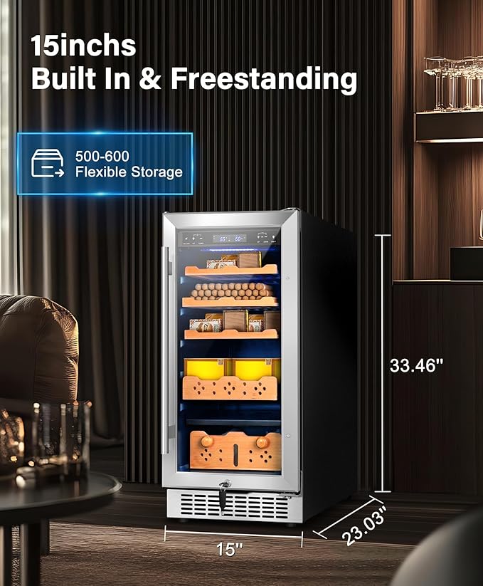 15'' Under Center Humidors Freestanding, 80L Electric Cooler Cabinet 500 Counts Capacity with Humidity and Temperature Digit Control, Spanish Wood Shelves Luxury Compressor for Home Office Gift