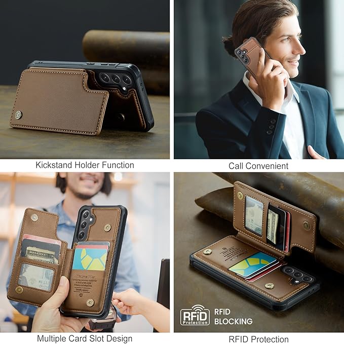 Bemal for Samsung Galaxy S24 FE Wallet Case with Card Holder, RFID Blocking, Shockproof Leather Kickstand for Men and Women, Durable Protective Phone Cover for 6.7", Brown
