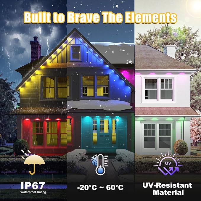 Permanent Outdoor Lights for House, 300ft RGB+IC Smart LED Eaves Lights, IP67 Waterproof Outdoor Lighting with App/Remote Control for Christmas, Halloween, Holiday, Daily, Party