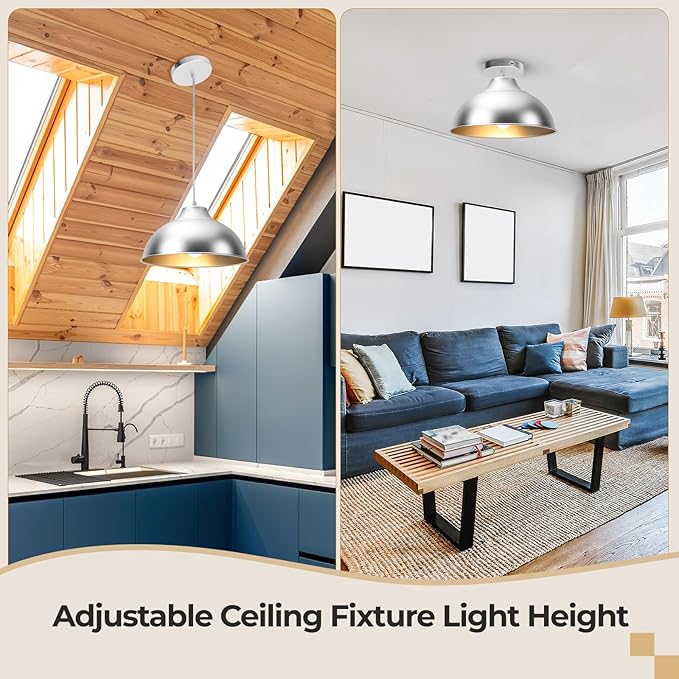11.8" Aluminum Modern Farmhouse Pendant Light,Adjustable Height 47 Inch Cord Dimmable LED Compatible E26 Base Sandblasting Oxidation Round Dome Hanging Light Fixture for Kitchen Island Indoor (Silver)