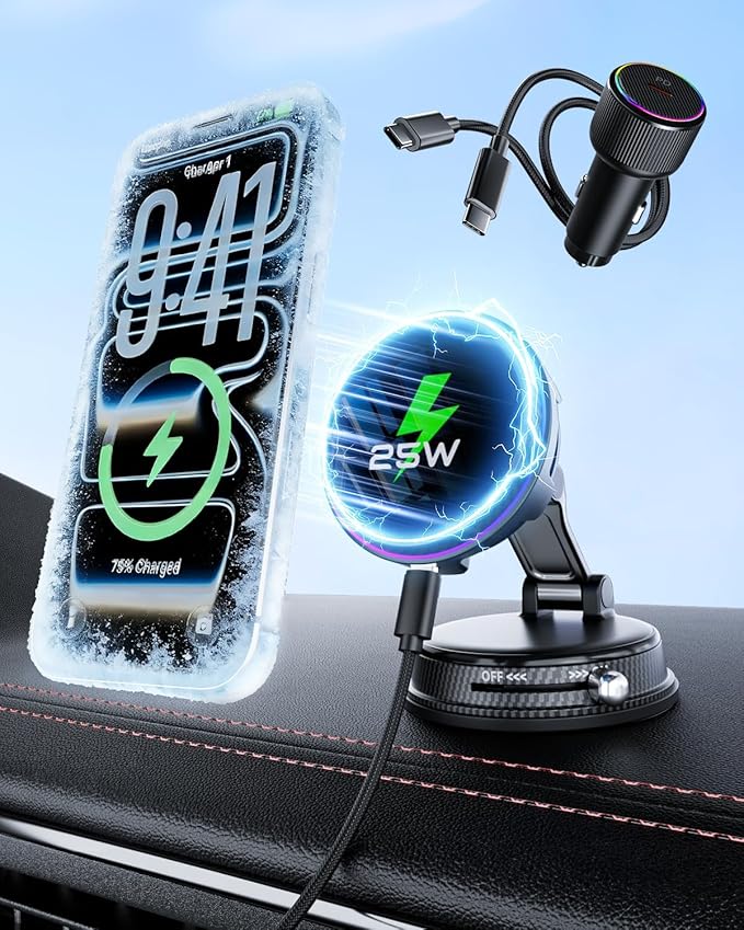CloudValley 25W Wireless Car Charger Mount with RGB Light, Magnetic Car Phone Holder with Cooling Fan & 45W Adapter, 360° Rotating Vacuum Suction Mount, Design for MagSafe iPhone 17/16/15/14/13