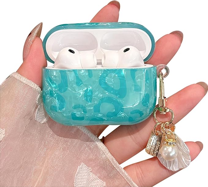 for Airpod Pro 3 Case 2025 Cute Luxury Leopard Hard TPU Protective Cover with Shell Pearl Keychain Compatible with AirPods Pro 3rd Generation for Girls Women (Turquoise Blue)