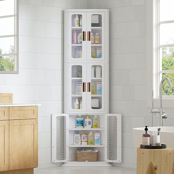 VECELO 3-Tier Tall Corner Cabinet with Doors & Adjustable Shelves, Waterproof & Dustproof, Easy to Clean, Anti-tip, Space Saving, Corner Storage Cabinet for Kitchen, Living Room, Bathroom, White