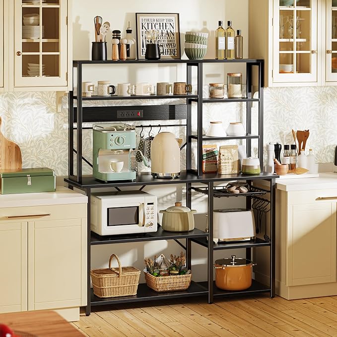 SUPERJARE Larger Bakers Rack with Power Outlets, 6-Tier Microwave Stand, Coffee Bar with 12 S-Shaped Hooks, Kitchen Shelf with Wire Basket, 47.2 x 15.5x 66.9 Inches, Black