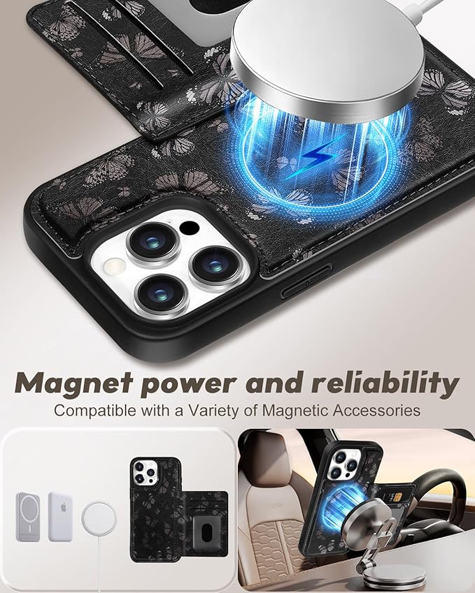 for iPhone 14 Pro Max Case with Wallet - Fits 4 Card Slots, Compatible with MagSafe for Women Aesthetic PU Leather Credit Card Holder Kickstand Phone Cover for Apple 14 Promax, Black Butterfly