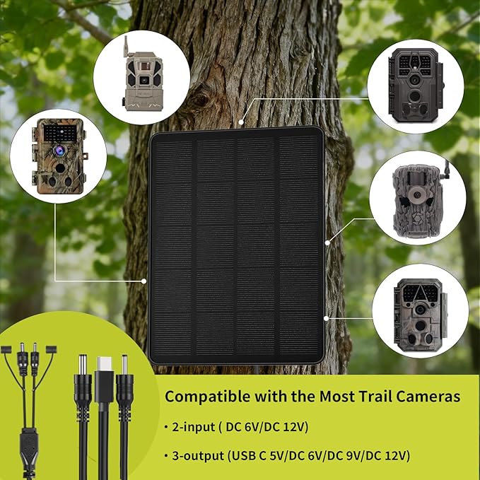 LIYVZ Trail Camera Solar Panel with Bulit-in 5000mAh Battery 2 Pack, 3W Solar Panel for Trail Camera IP66 Waterproof Multi Interfaces with USB-C & DC 6V/9V/12V Output, 360° Adjustable