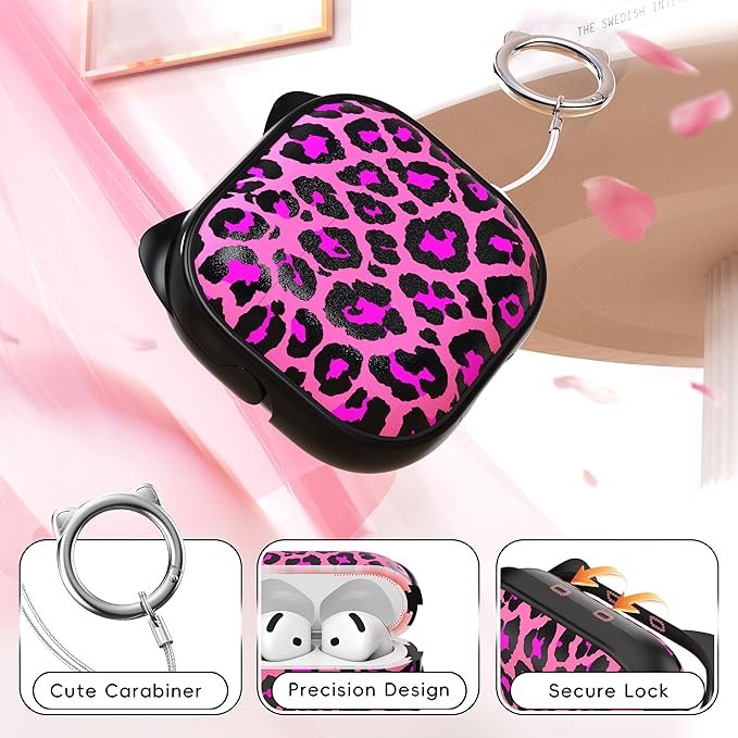 for AirPods 4 Case with Cleaning Kit, Cute Cat Ear Print Design & Cute Buckle, Inverted Phone Holder Design, Top Safe Lock Buckle Design, for Girls AirPods 4 case 2024, Rose Leopard