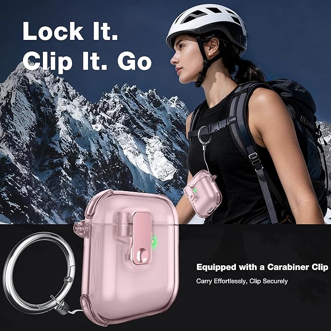Case for AirPods 1/2 Case Cover with [Lock Safety & Pop Up][Military Shockproof] Anti-Yellow Transparent Soft TPU Wireless Charging for AirPods 1st/2nd Generation Case with Keychain,Clear Pink
